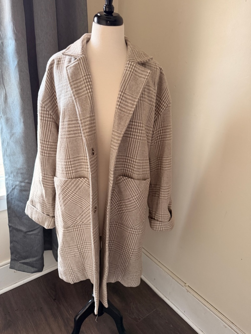 Nasty Gal Beige Plaid Long Trench Coat